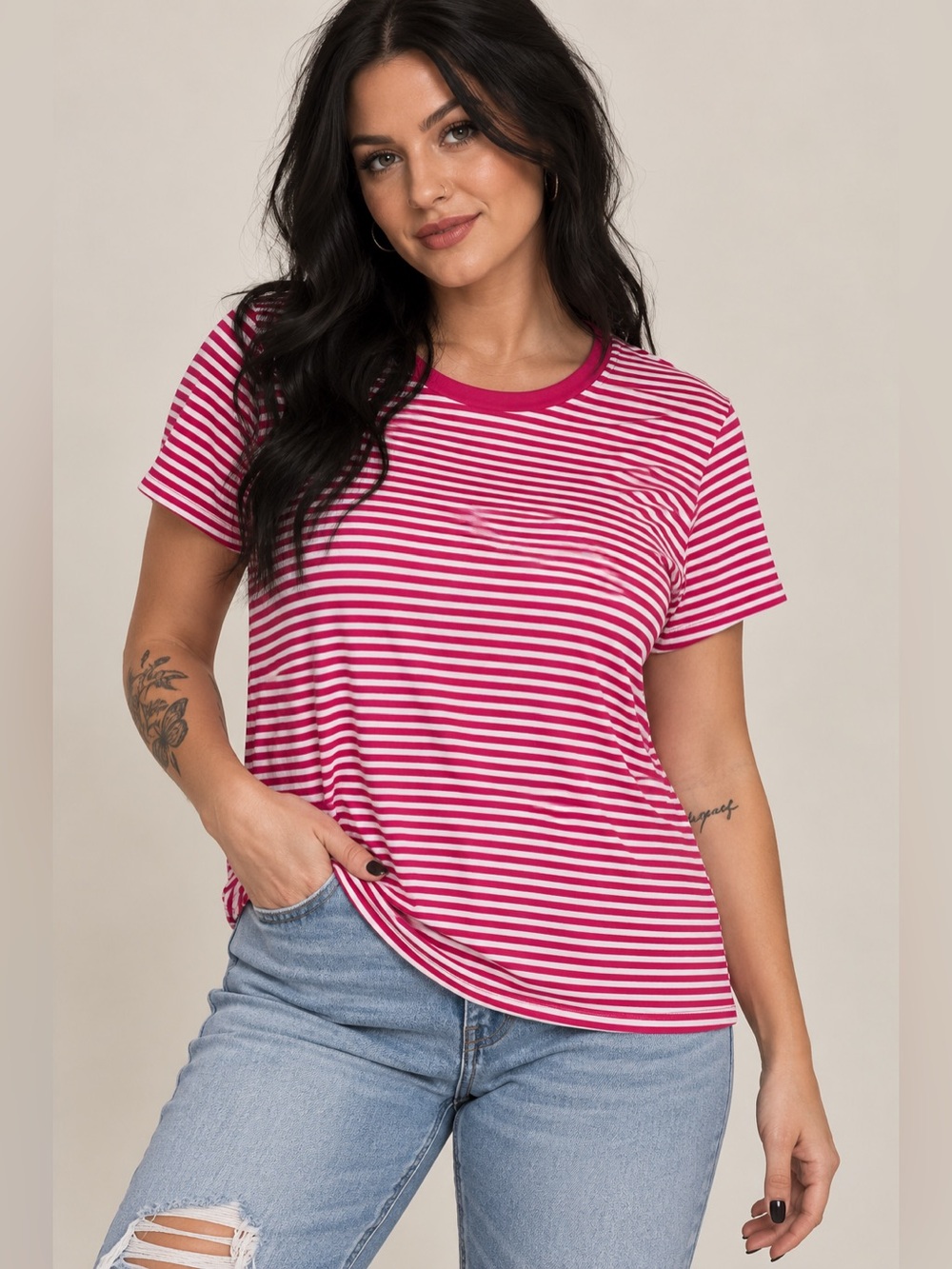 Zeagoo Women’s Large Pink White Striped Short Sleeve Crew Neck T-Shirt